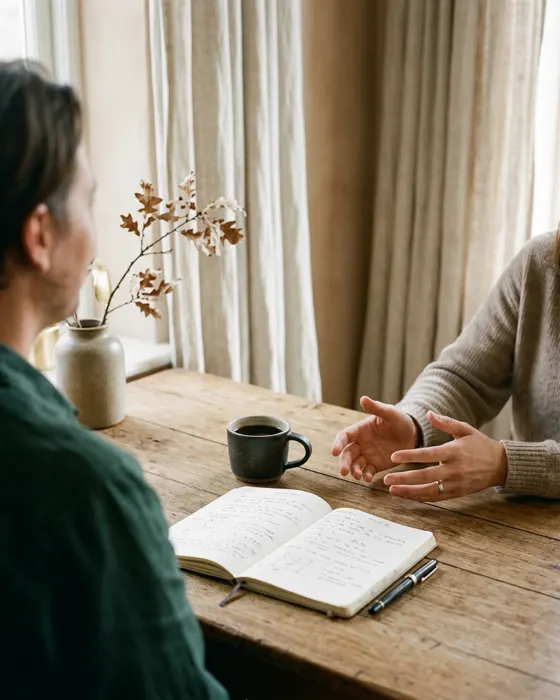Two people in conversation across a sunlit oak table, an open notebook and a cup of coffee between them